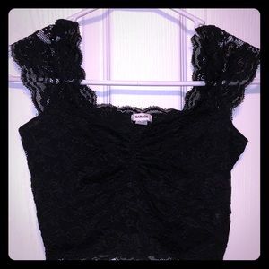 Short sleeve, low cut, black lace crop top